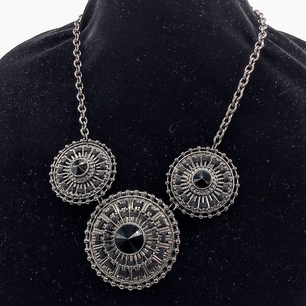 Steampunk Gunmetal Grey Beaded Black Crystal Wheel & Spoke Necklace